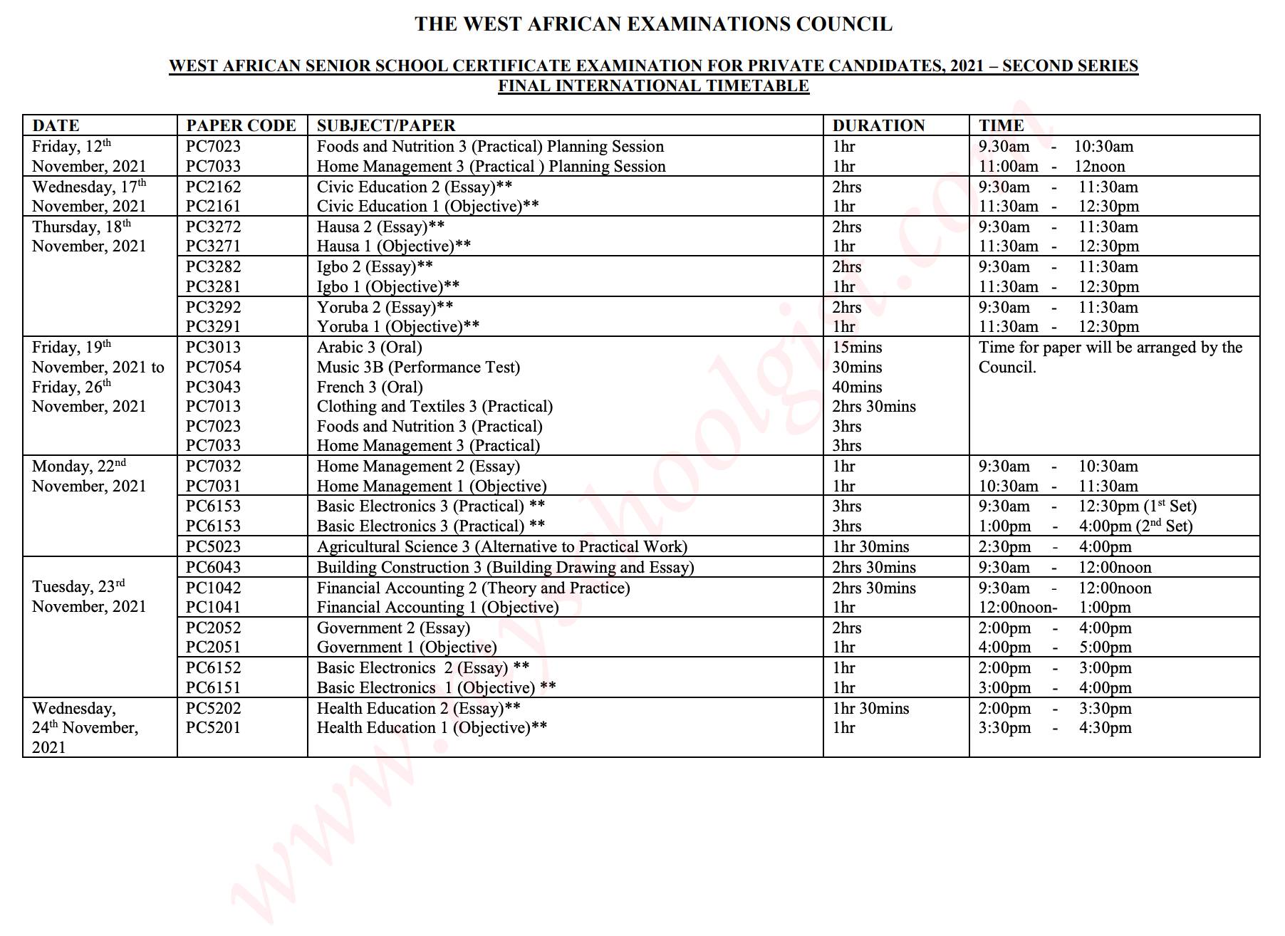 2021 Waec Gce Timetable